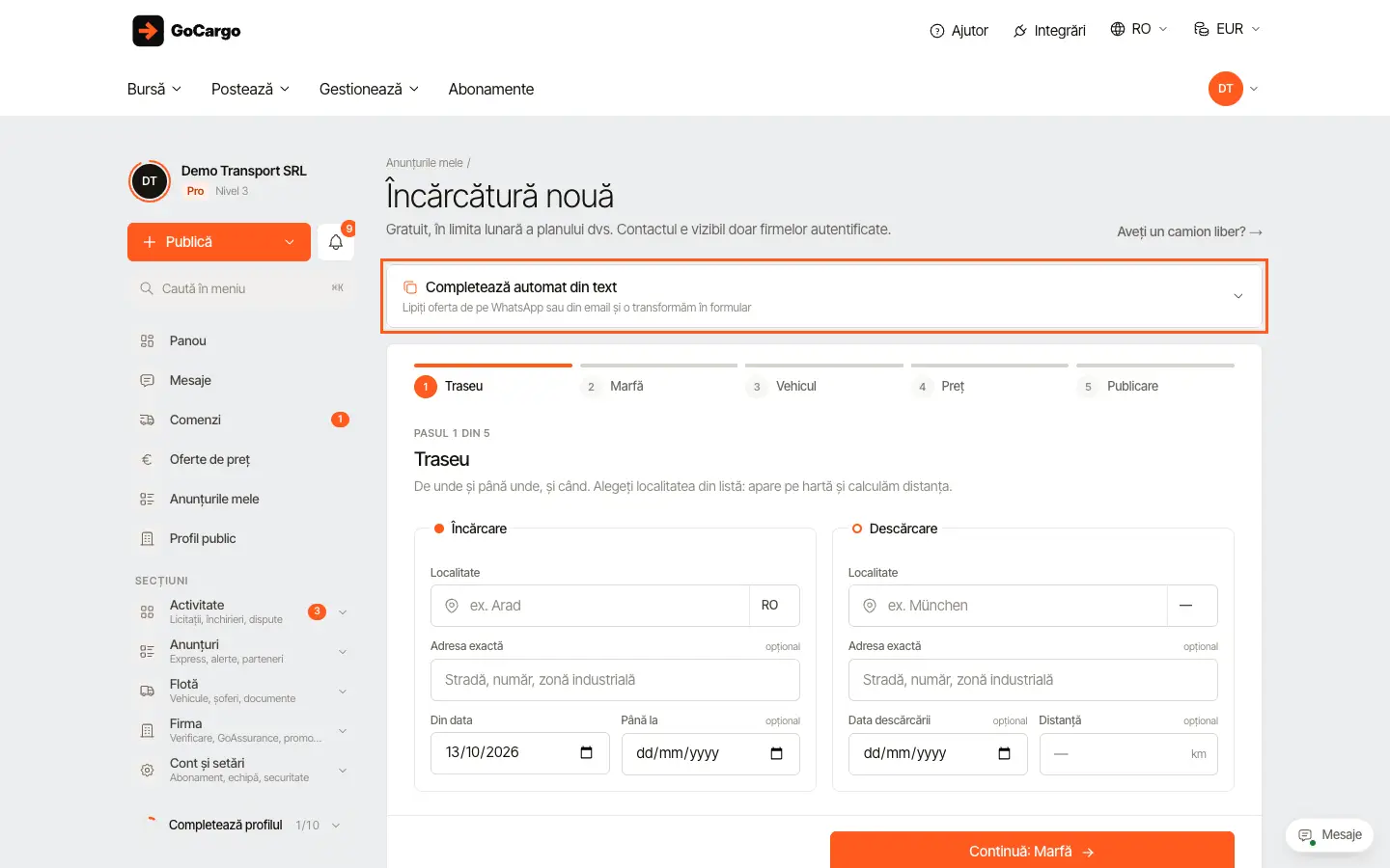 Completați formularul din text cu GoCargoAI: Deschideți „Completează automat din text”