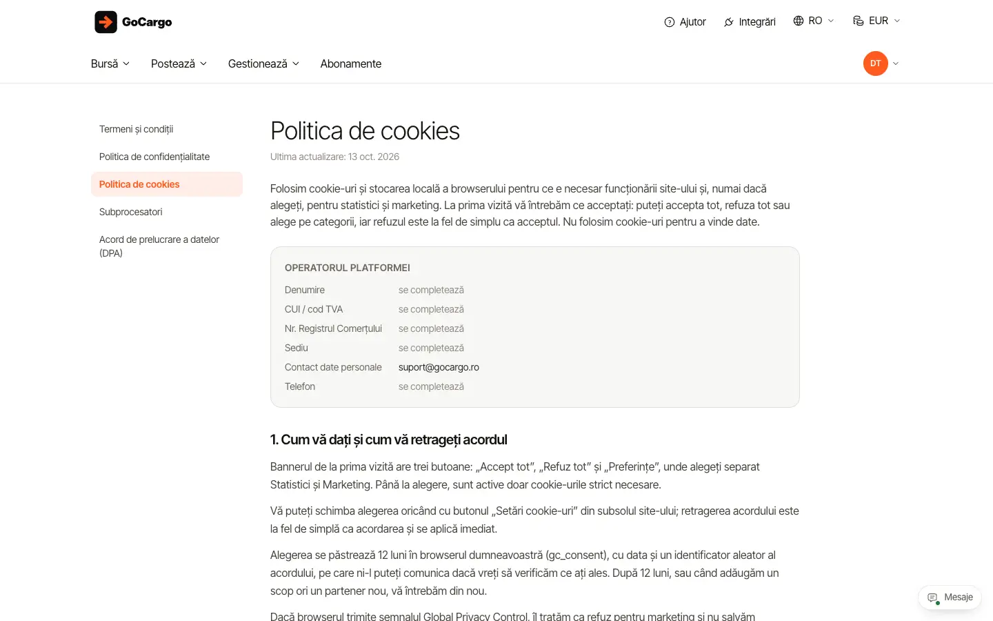 Termeni, confidențialitate, cookie-uri și DPA: Cookie-uri: alegeți acordul